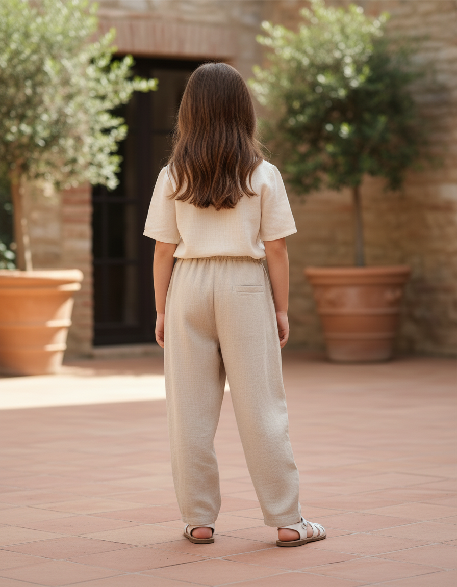 Pantalon En Lin Beige Ample Élastiqué Décontracté Enfant - vue 2