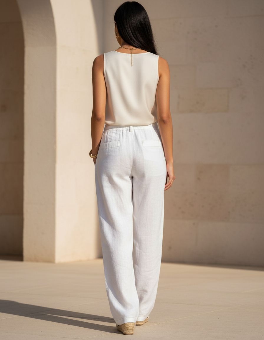 Pantalon En Lin Blanc Ample Confortable Taille Élastique - vue 2