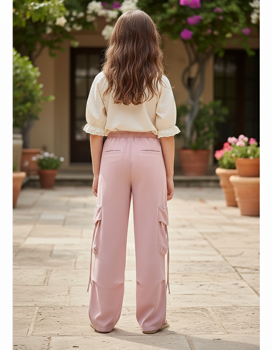 Pantalon En Lin Rose Cargo Ample Décontracté Fille - vue 2