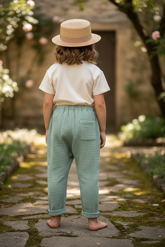 Pantalon En Lin Gaze Vert Ample Confortable Enfant - vue 2