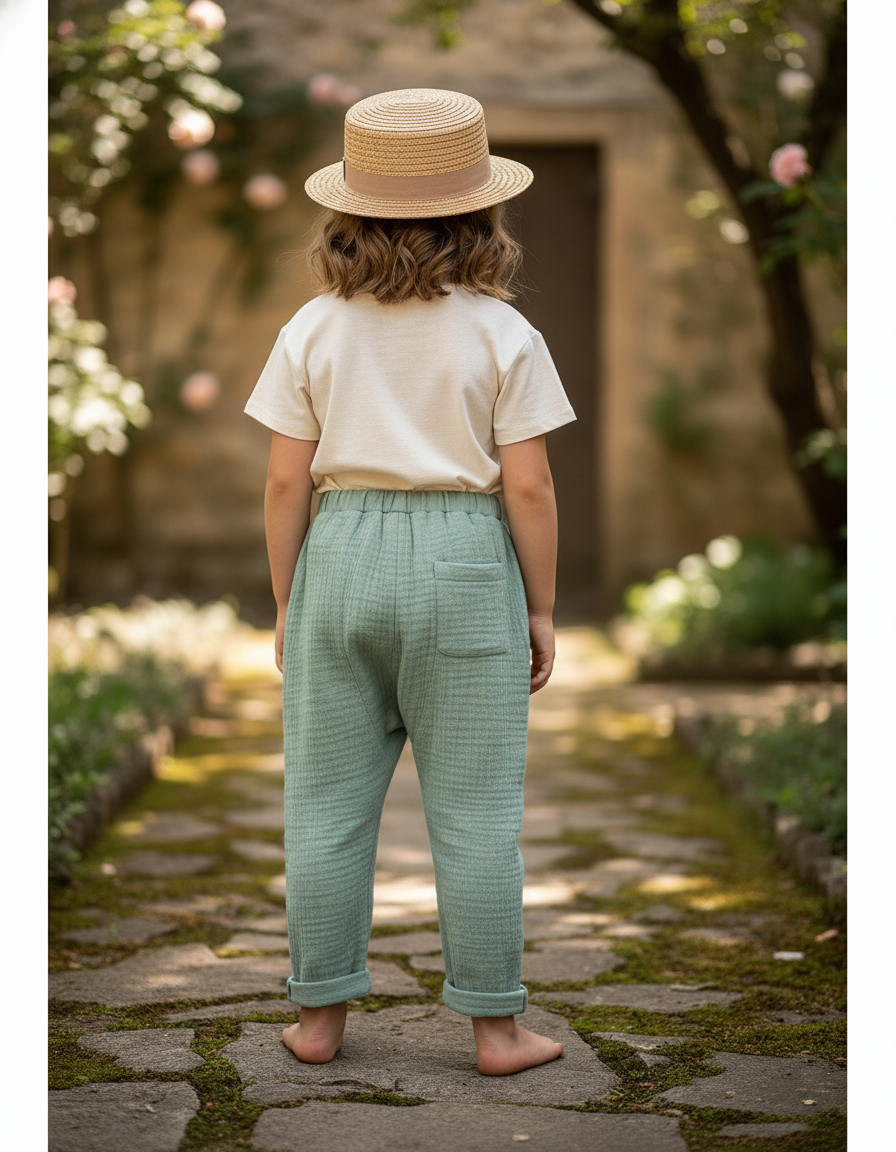 Pantalon En Lin Gaze Vert Ample Confortable Enfant - vue 2