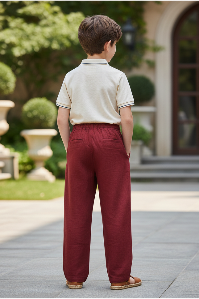 Pantalon En Lin Rouge Ample Cordon Garçon Confortable - Bordeaux - vue 2