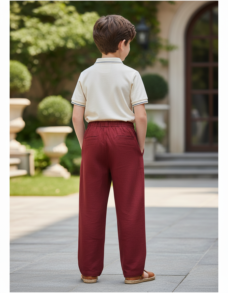 Pantalon En Lin Rouge Ample Cordon Garçon Confortable - Bordeaux - vue 2