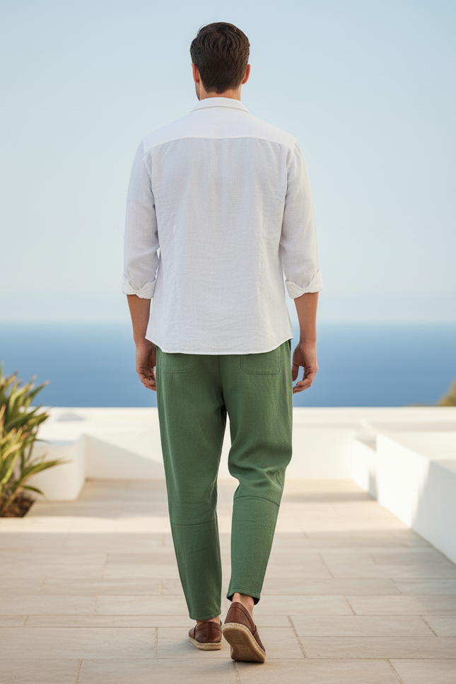 Pantalon En Lin Vert Ample Décontracté Homme Coton - vue 2