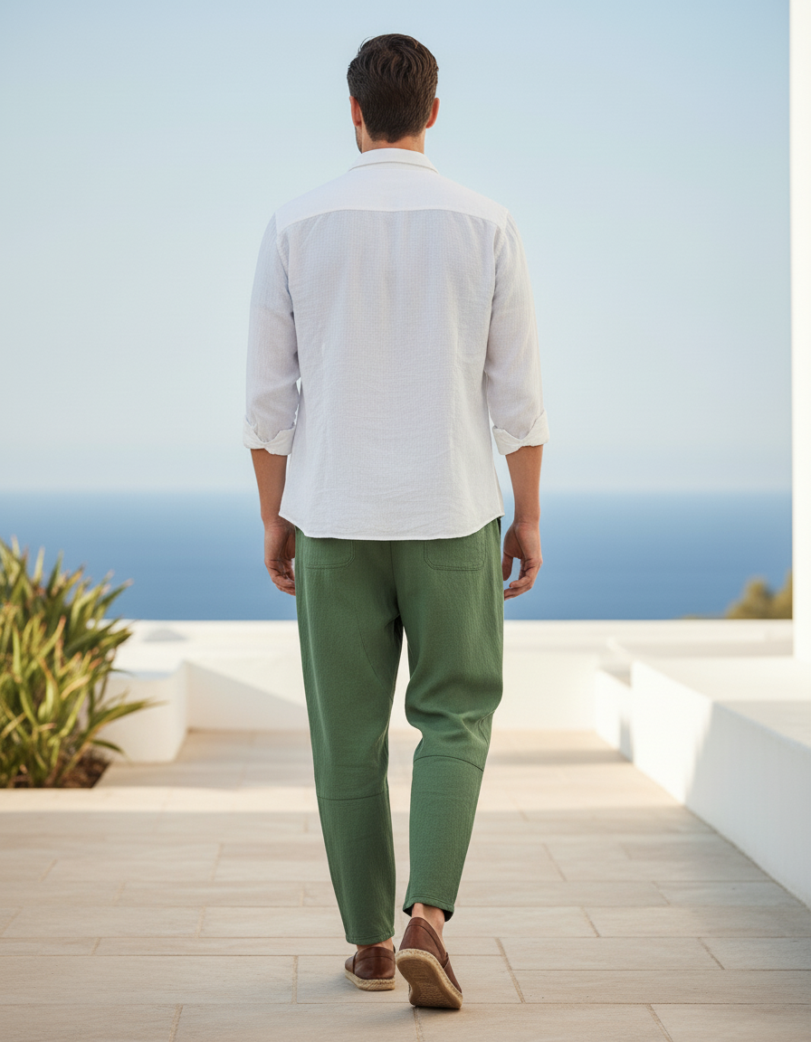 Pantalon En Lin Vert Ample Décontracté Homme Coton - vue 2