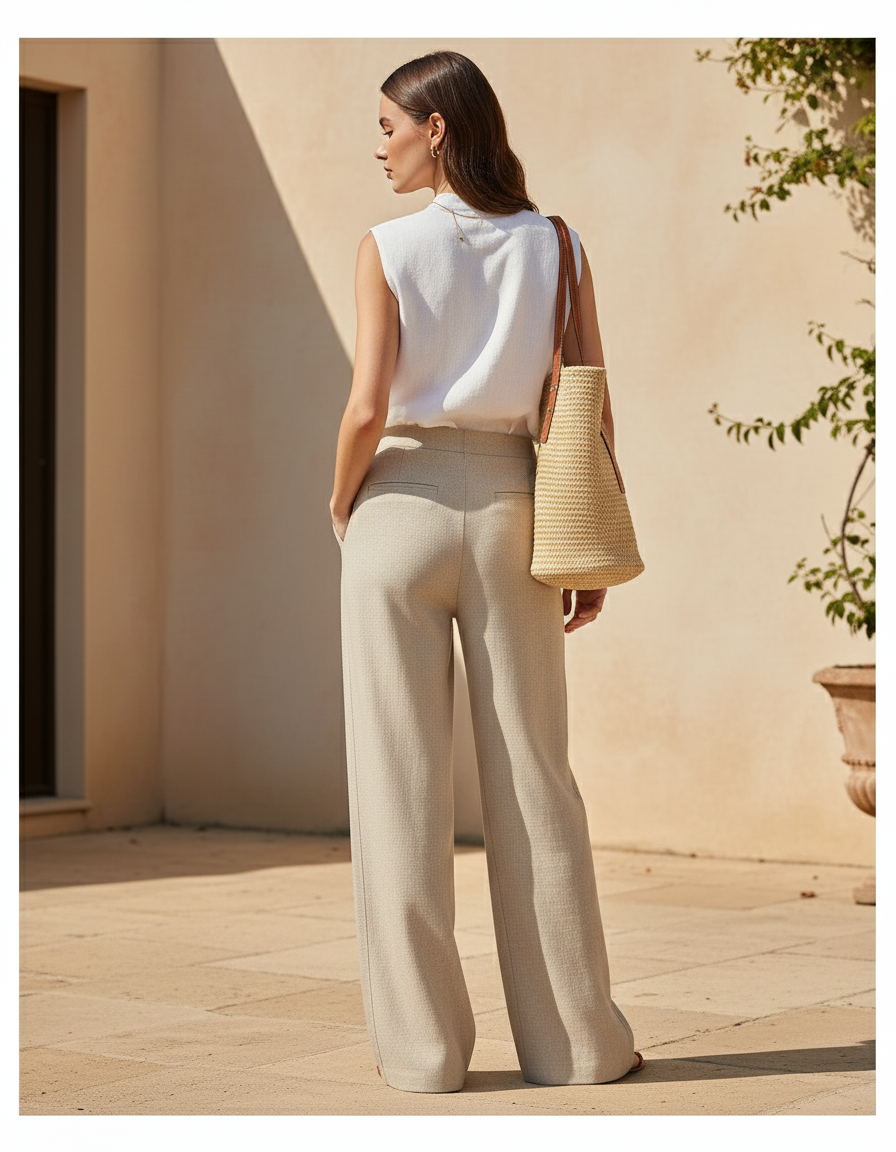Pantalon En Lin Beige Ample Taille Haute Droit - vue 2