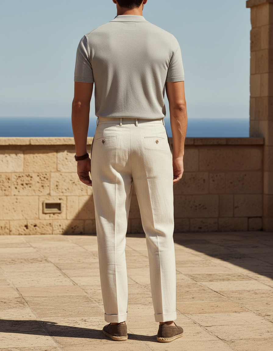 Pantalon En Lin Homme Plissé Beige Clair Décontracté Élégant - vue 2