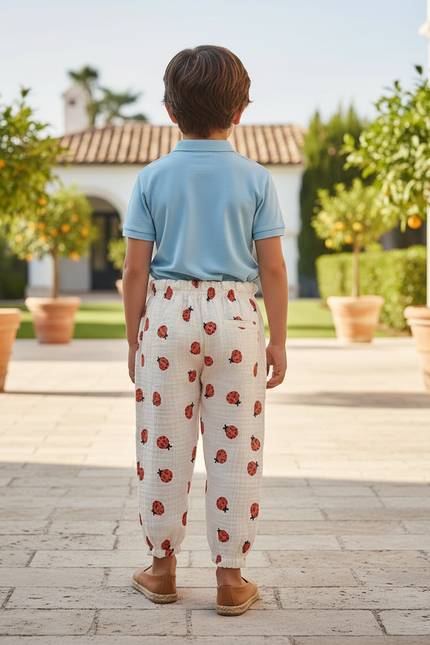 Pantalon En Lin Blanc Imprimé Coccinelles Ample Confortable Enfant - vue 2
