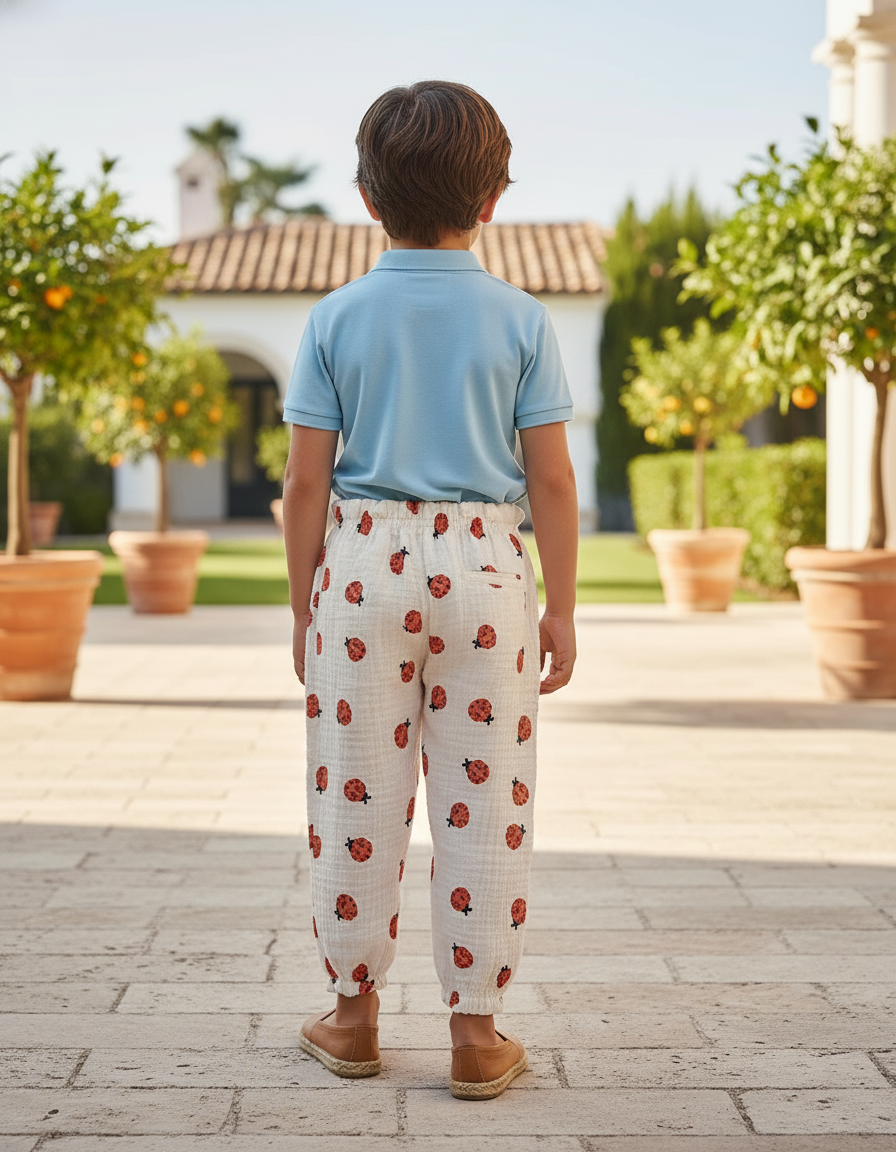 Pantalon En Lin Blanc Imprimé Coccinelles Ample Confortable Enfant - vue 2