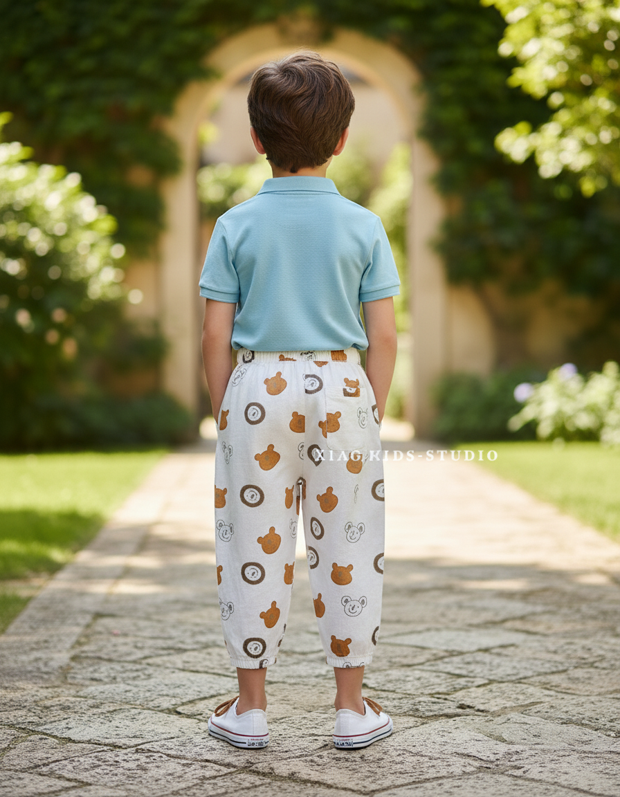 Pantalon En Lin Écru Imprimé Oursons Ample Enfant - vue 2