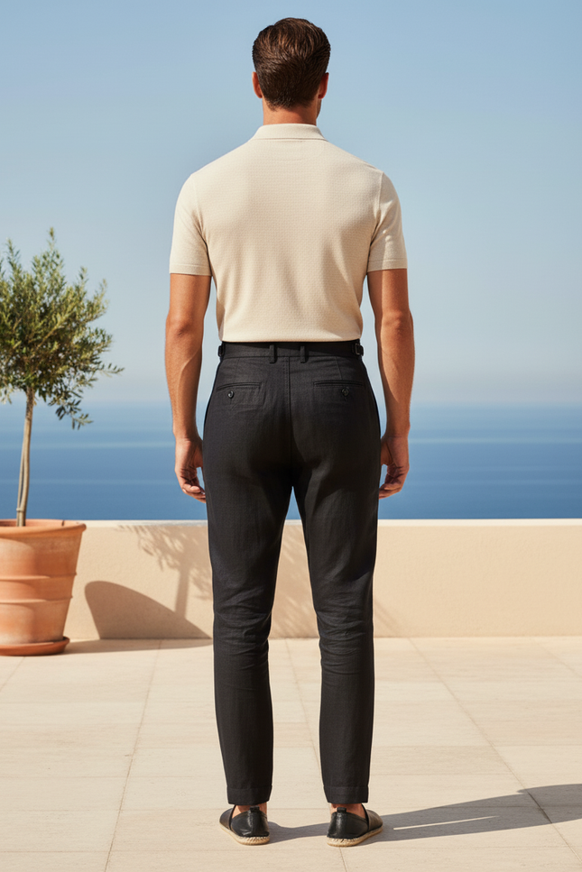 Pantalon En Lin Noir Plissé Taille Haute Homme - vue 2