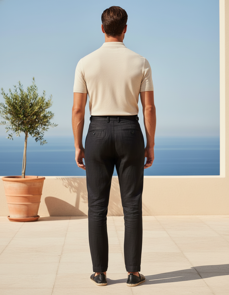 Pantalon En Lin Noir Plissé Taille Haute Homme - vue 2