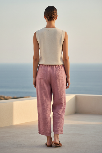 Pantalon En Lin Rose Ample Décontracté Femme Fluide - vue 2