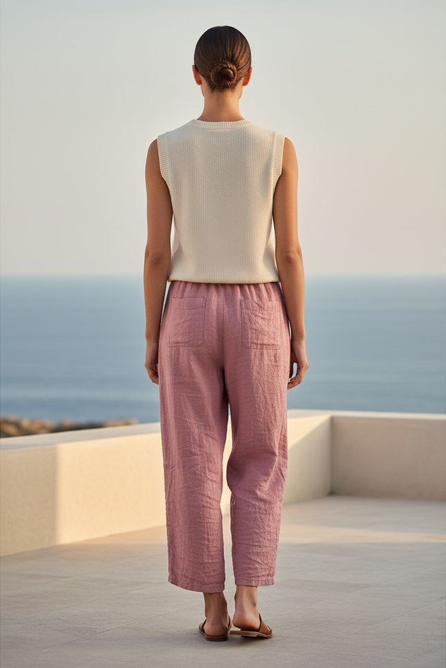 Pantalon En Lin Rose Ample Décontracté Femme Fluide - vue 2