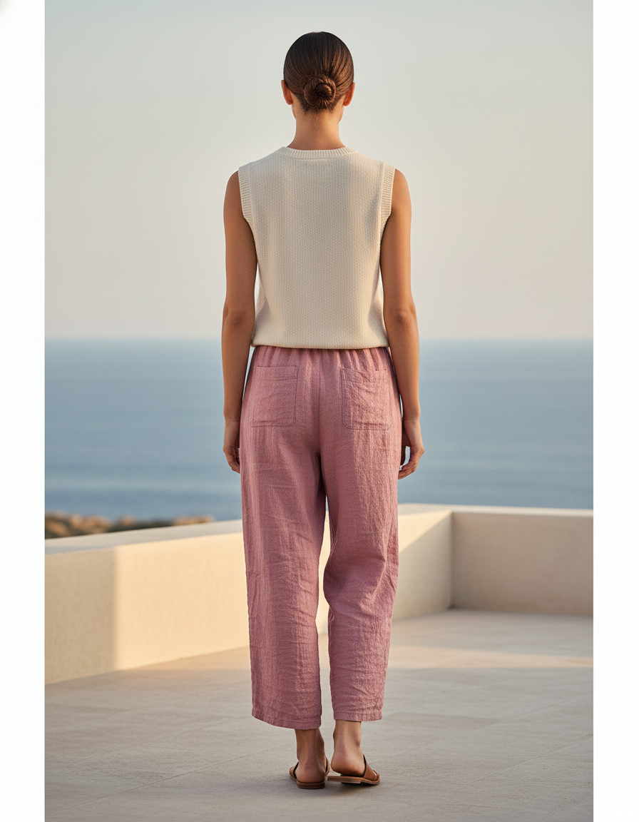 Pantalon En Lin Rose Ample Décontracté Femme Fluide - vue 2