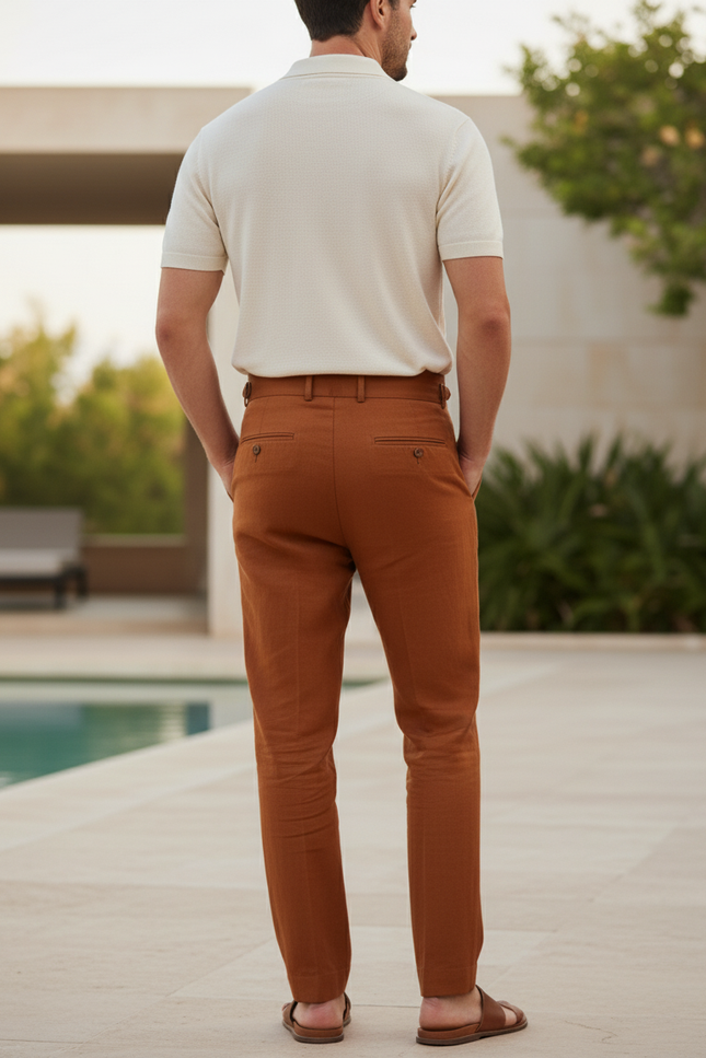 Pantalon En Lin Marron Plissé Droit Casual Homme - vue 2
