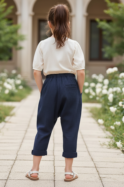 Pantalon En Lin Bleu Marine Ample Enfant Coton - vue 2