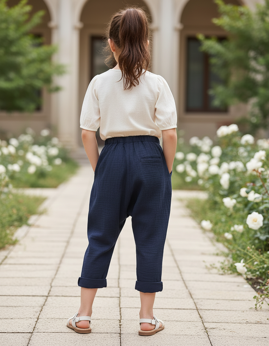 Pantalon En Lin Bleu Marine Ample Enfant Coton - vue 2
