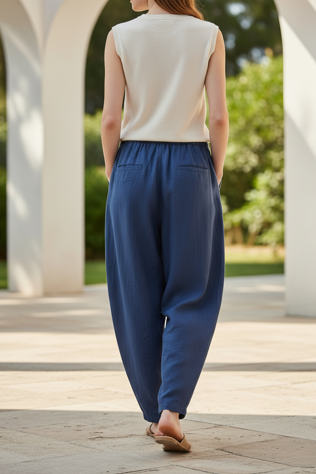 Pantalon En Lin Bleu Ample Décontracté Taille Haute - Marine - vue 2