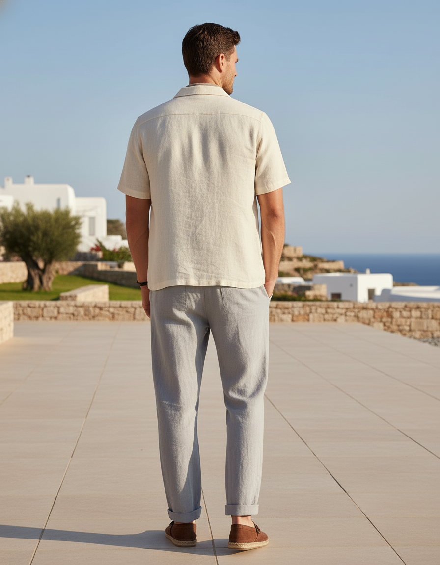 Pantalon En Lin Homme Gris Ample Cordon Décontracté - vue 2