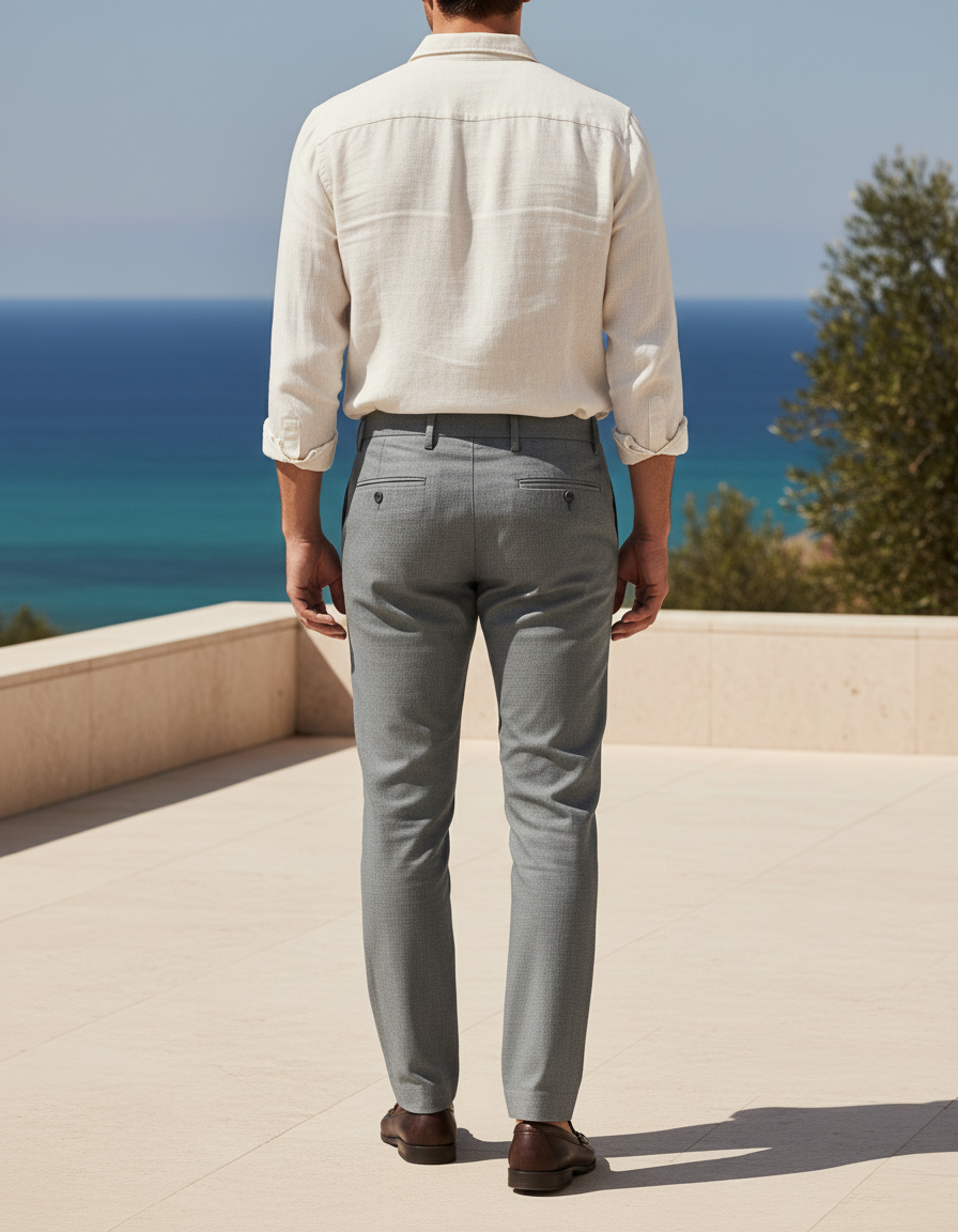 Pantalon En Lin Gris Droit Chic Élégant Homme - vue 2