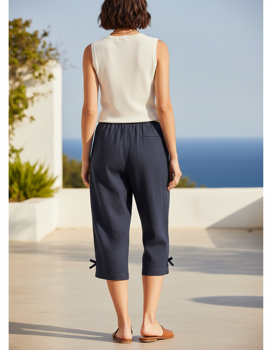 Pantalon En Lin Bleu Marine Ample Décontracté Croisé - vue 2