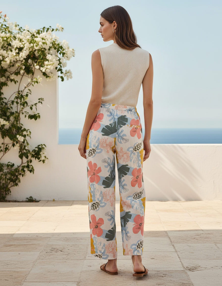 Pantalon En Lin Fleuri Ample Fluide Estival Imprimé - vue 2