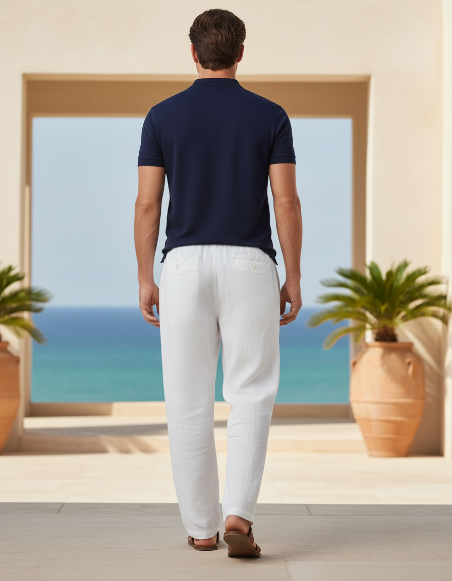 Pantalon Lin Blanc Et Bleu - vue 2