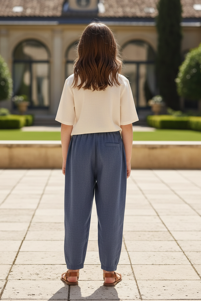 Pantalon En Lin Bleu Ample Élastique Fille - vue 2