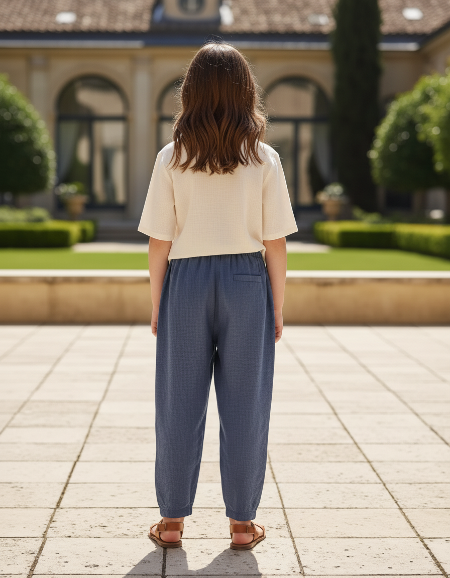 Pantalon En Lin Bleu Ample Élastique Fille - vue 2