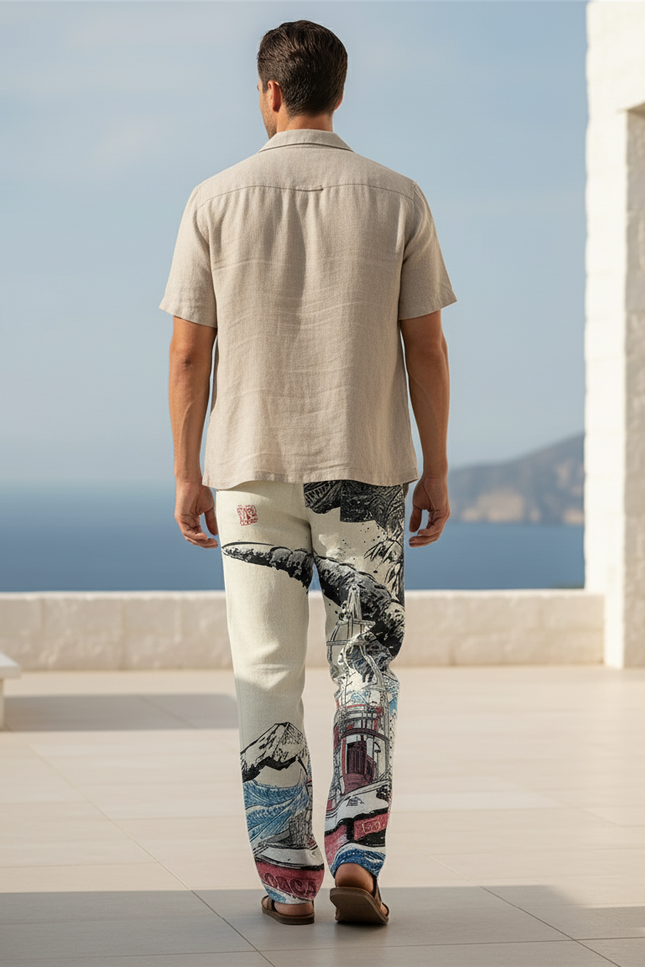 Pantalon En Lin Imprimé Estampes Japonaises Ample Homme - vue 2