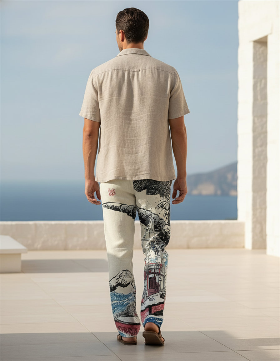 Pantalon En Lin Imprimé Estampes Japonaises Ample Homme - vue 2