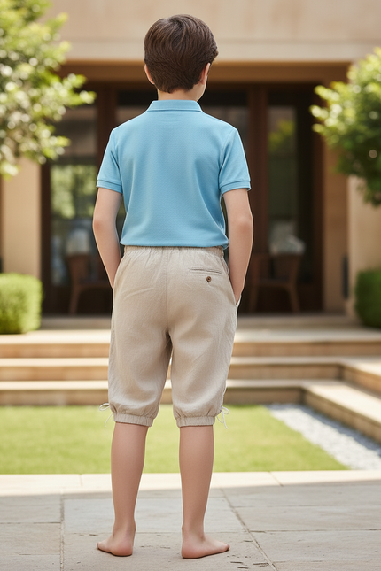 Pantalon En Lin Beige Garçon Cordon Lacets Moyen Âge - vue 2