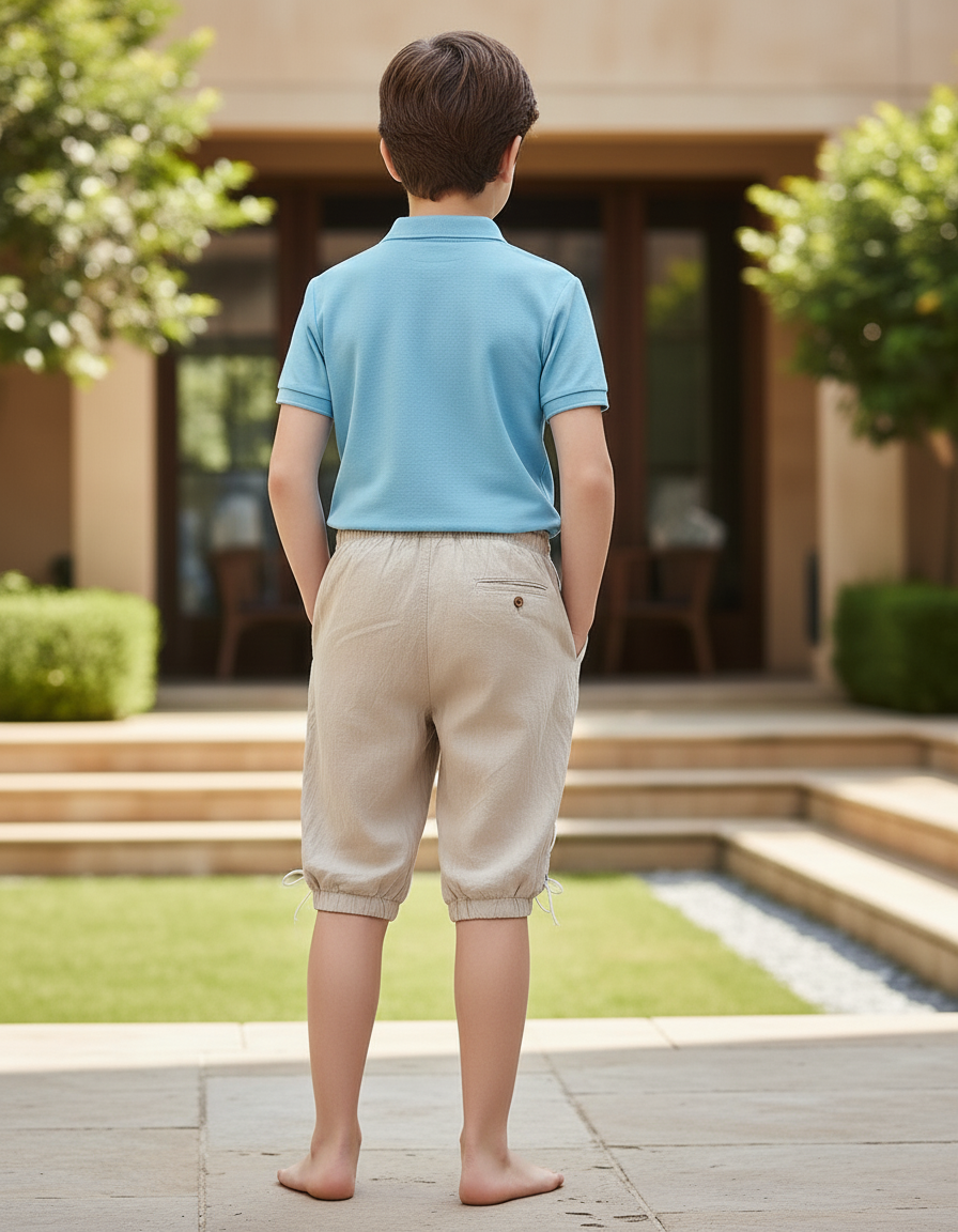 Pantalon En Lin Beige Garçon Cordon Lacets Moyen Âge - vue 2