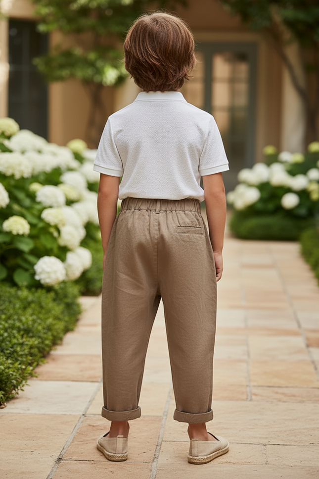Pantalon En Lin Enfant Ample Marron Décontracté - Kaki - vue 2