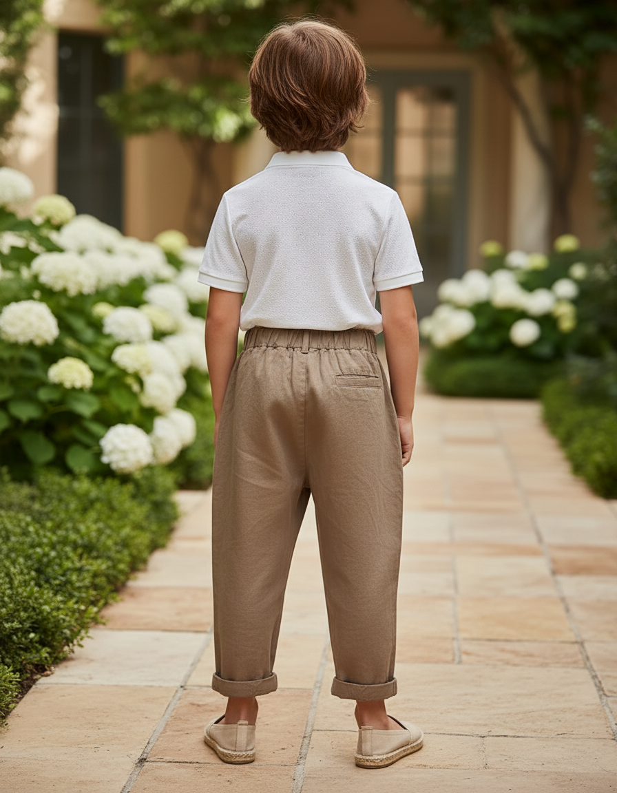 Pantalon En Lin Enfant Ample Marron Décontracté - Kaki - vue 2
