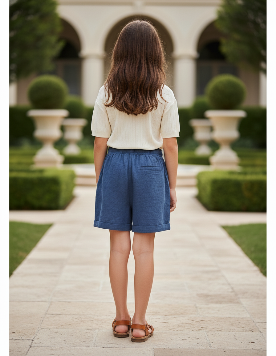 Pantalon En Lin Bleu Court Décontracté Cordon Enfant - vue 2