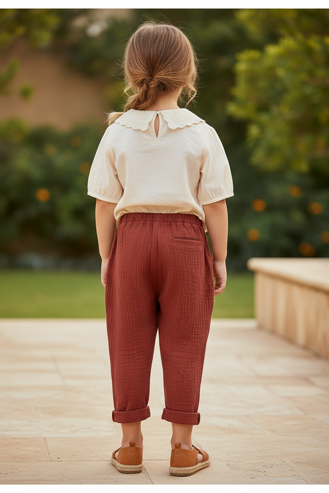 Pantalon En Lin Enfant Harem Coton Rouge Brique - Bordeaux - vue 2