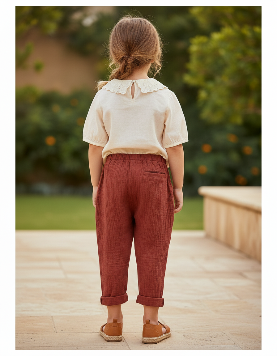 Pantalon En Lin Enfant Harem Coton Rouge Brique - Bordeaux - vue 2