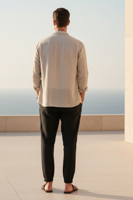 Pantalon En Lin Noir Cordon Décontracté Fluide Homme - vue 2