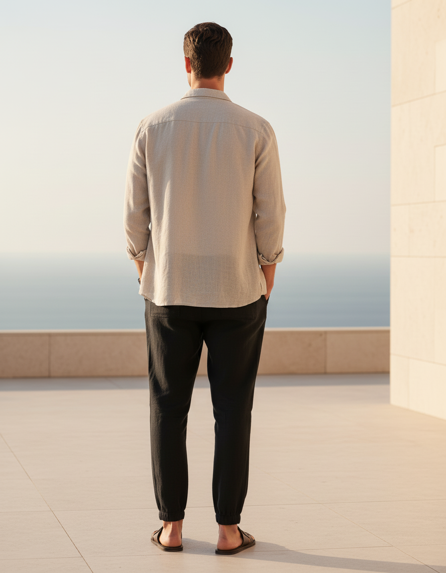 Pantalon En Lin Noir Cordon Décontracté Fluide Homme - vue 2
