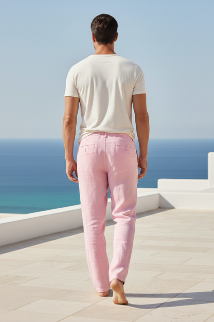 Pantalon En Lin Rose Décontracté Léger Homme Fluide - vue 2