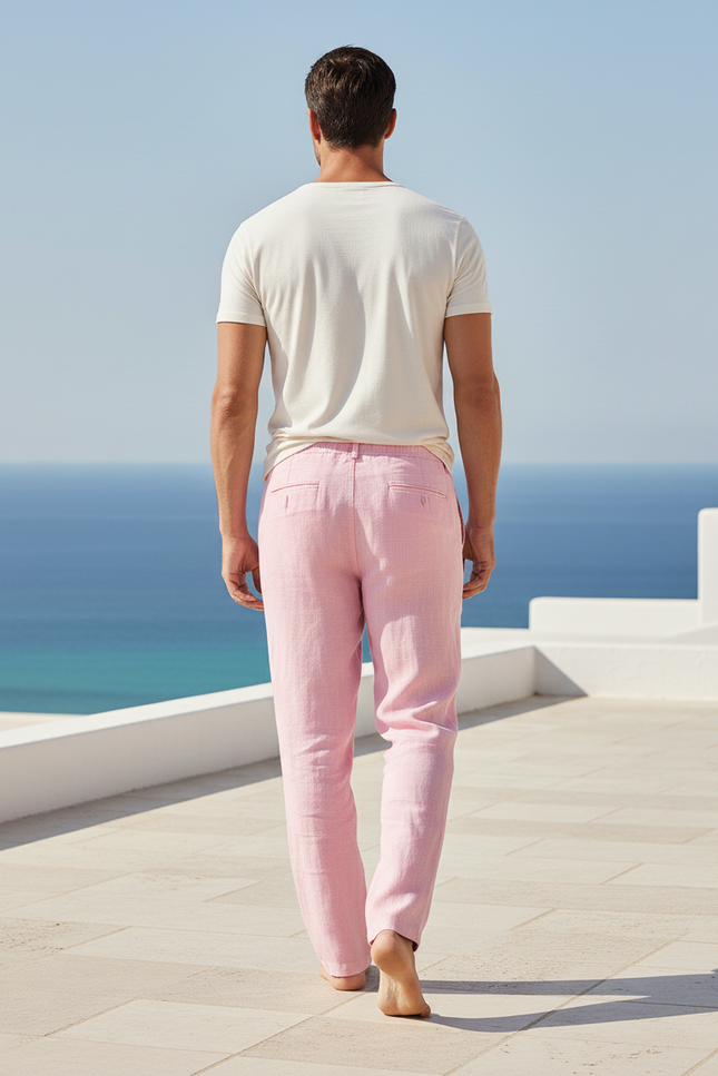 Pantalon En Lin Rose Décontracté Léger Homme Fluide - vue 2