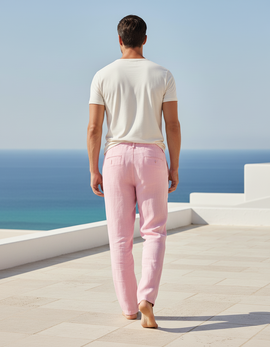 Pantalon En Lin Rose Décontracté Léger Homme Fluide - vue 2