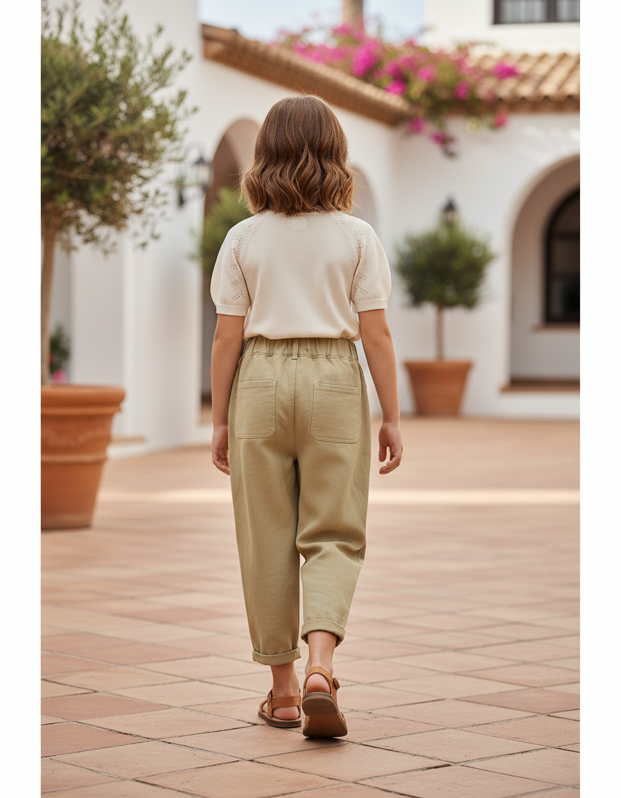 Pantalon En Lin Cargo Beige Ample Enfant - Kaki - vue 2