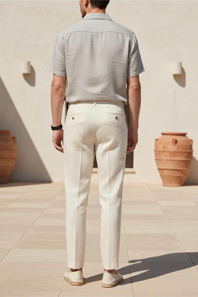 Pantalon En Lin Crème Plissé Droit Élégant Homme - Beige - vue 2