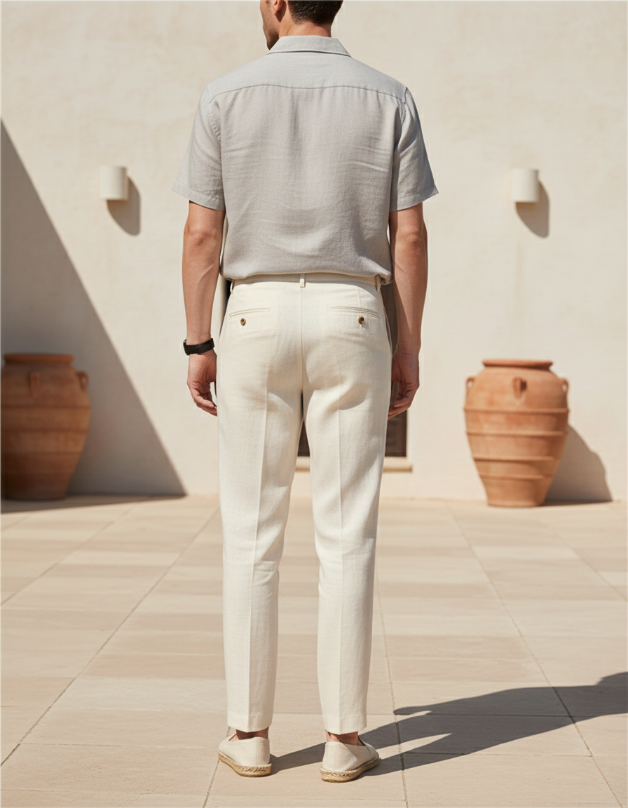 Pantalon En Lin Crème Plissé Droit Élégant Homme - Beige - vue 2