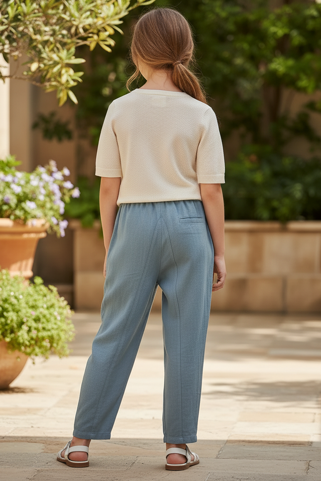 Pantalon En Lin Bleu Ample Taille Élastique Décontracté Fluide - vue 2