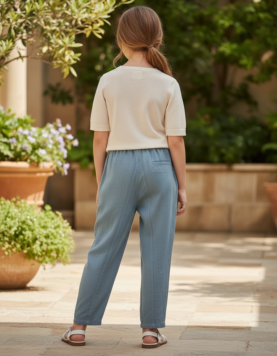 Pantalon En Lin Bleu Ample Taille Élastique Décontracté Fluide - vue 2