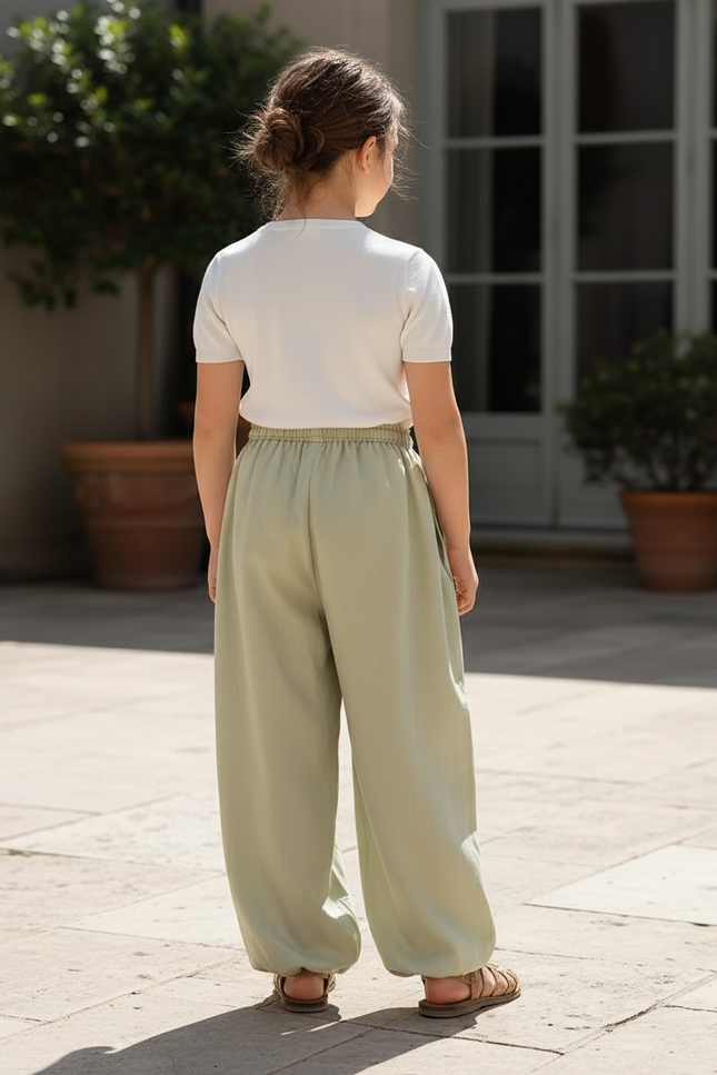 Pantalon En Lin Vert Ample Décontracté Cordon Fille - vue 2